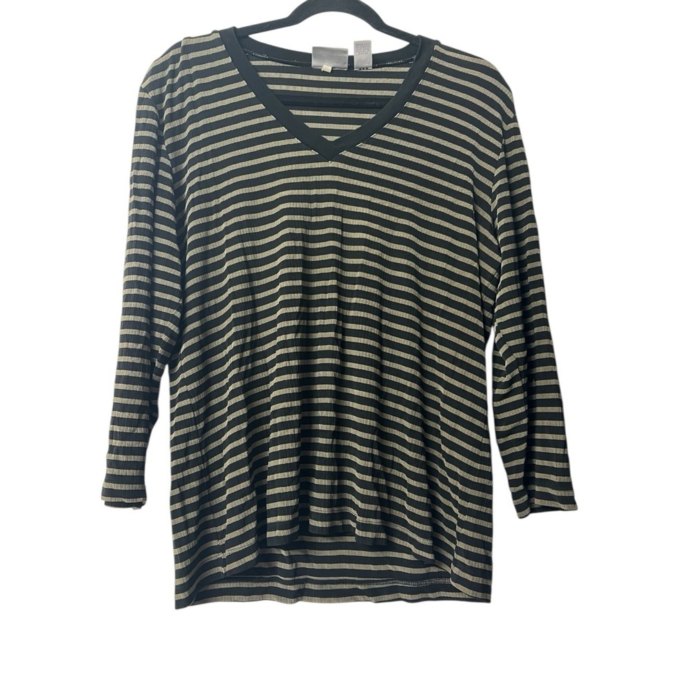 Chicos Travelers Black-Green Stripe V-Neck Knit Top, Long Sleeve
